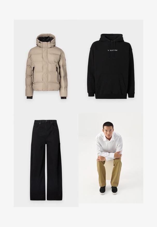 Veste matelassée beige avec col montant, intérieur noir, deux poches zippées et texture matelassée pour l'isolation. Aucune marque visible.; Sweat à capuche noir en mélange de coton, doté d'une poche kangourou à l'avant et du logo "Volcom" blanc brodé sur la poitrine.; Pantalon large noir en denim de coton, doté d'une taille haute, de deux poches avant et d'une poche cargo latérale pour plus de fonctionnalité.; Jeune homme en chemise blanche rayée et pantalon kaki assis penché en avant sur un tabouret, bras croisés, regardant droit devant sur un fond blanc.