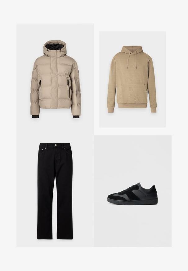 Veste matelassée beige avec col montant, intérieur noir, deux poches zippées et texture matelassée pour l'isolation. Aucune marque visible.; Sweat à capuche beige avec texture matelassée en losanges, poche kangourou frontale, capuche à cordon de serrage, et poignets et ourlet côtelés.; Jean en denim noir à coupe droite avec poches avant, passants de ceinture et fermeture à bouton argenté sur un fond clair.; Baskets noires combinant cuir lisse et daim, avec une semelle en caoutchouc noire texturée et un détail de rayures discrètes.
