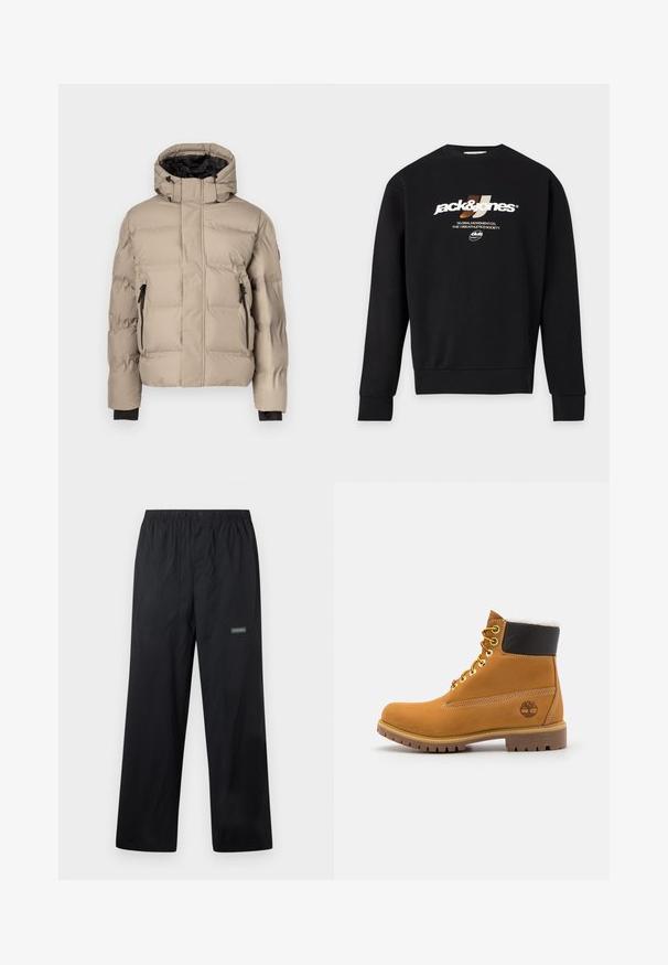 Veste matelassée beige avec col montant, intérieur noir, deux poches zippées et texture matelassée pour l'isolation. Aucune marque visible.; Sweat-shirt noir à manches longues avec le logo "jack&jones" et le texte "Global Movement Co. The 1990 Athletics Society" imprimés en blanc et beige sur la poitrine.; Pantalon d'extérieur léger noir avec taille élastique, bouton à l'avant, deux poches avant et petit logo Columbia sur la cuisse droite.; Bottine en cuir brun avec œillets en métal, doublure en fourrure blanche, col rembourré noir, semelle robuste et logo en relief sur le côté.
