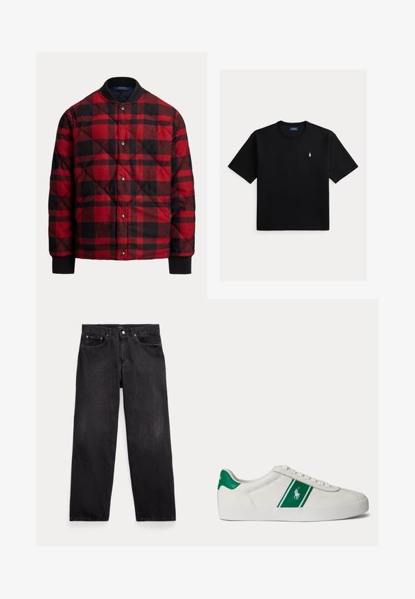 Chaqueta bomber acolchada en cuadros rojos y negros, con cuello redondo, cierre de botones a presión y puños acanalados para mayor calidez y comodidad.; Camiseta negra de manga corta con cuello redondo y pequeño logo blanco del caballo de Polo Ralph Lauren en el pecho izquierdo.; Vaqueros negros de corte recto con cinco bolsillos, cierre de botón y remaches metálicos visibles en los bolsillos delanteros.; Zapatilla blanca de corte bajo con una franja verde y el logo de Polo en el lateral, lengüeta verde en el talón y cordones blancos, mostrada desde el lado izquierdo sobre un fondo liso.