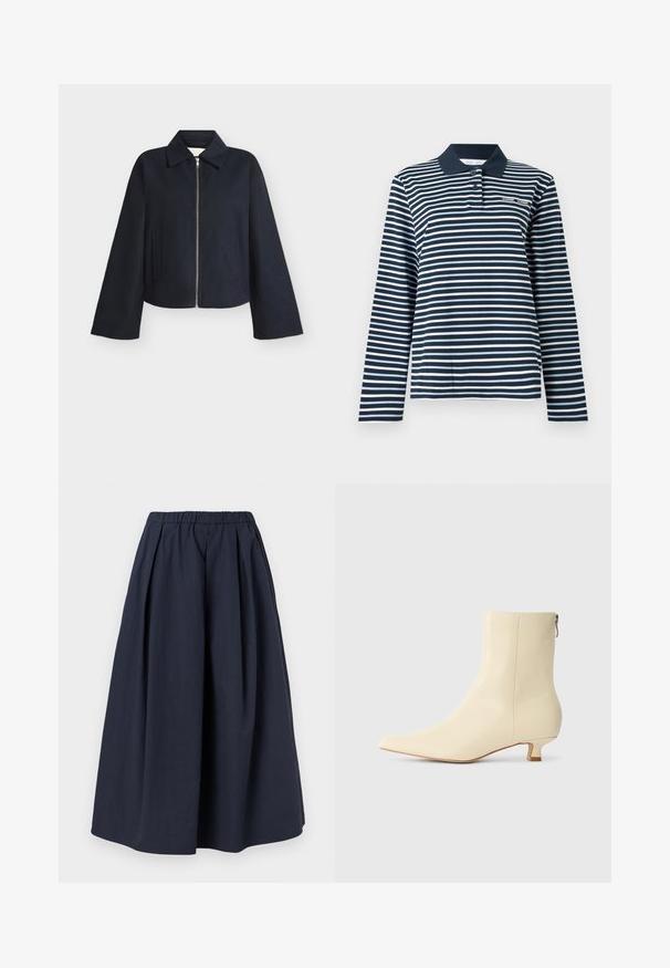 Veste noire à fermeture éclair avec manches larges, col et deux poches latérales sur un fond clair uni.; Polo à manches longues à rayures bleu marine et blanches, en coton, avec un col boutonné et un petit logo sur la poitrine.; Jupe midi bleu marine taille haute avec une ceinture élastique et de subtiles plis, confectionnée dans un tissu léger.; Bottine beige en cuir lisse, bout pointu, petit talon carré et fermeture éclair latérale pour un enfilage facile.