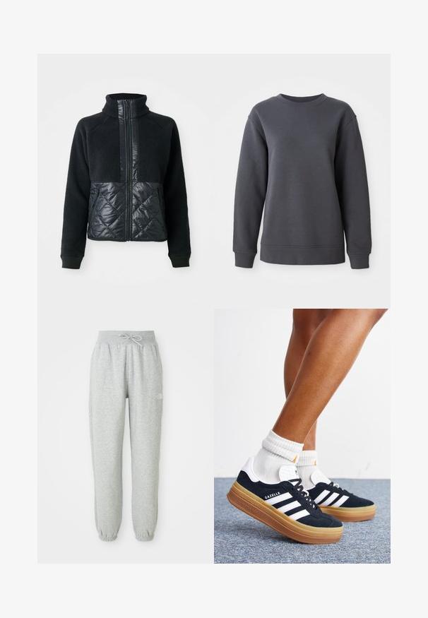 Schwarze Fleecejacke mit quiltierten, mit Reißverschluss versehenen Vordertaschen, vollem Reißverschluss und hohem Kragen.; Grauer Sweatshirt aus strukturiertem Stoff, mit Rundhalsausschnitt, langen Ärmeln und gerippten Bündchen sowie Saum, im lässigen Schnitt.; Graue Sweatpants mit einem elastischen Bund und Kordelzug. Der Stoff ist weich, mit elastischen Bündchen an den Knöcheln und einem Logo-Detail.; Beine mit weißen Socken und schwarzen Adidas Gazelle Sneakers mit weißen Streifen und dicken braunen Sohlen auf einem grauen Teppichboden.