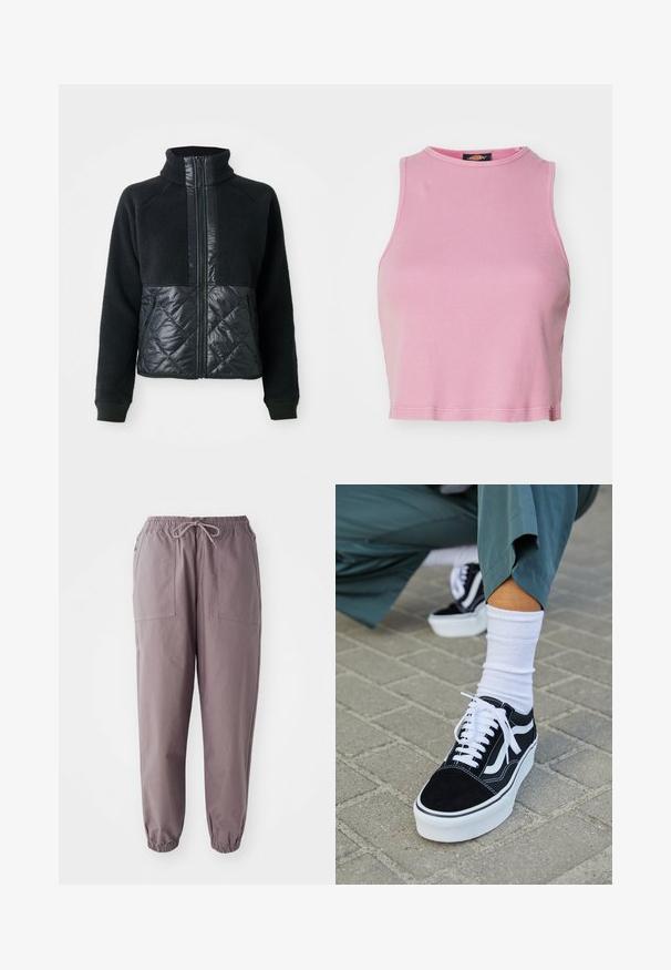 Schwarze Fleecejacke mit quiltierten, mit Reißverschluss versehenen Vordertaschen, vollem Reißverschluss und hohem Kragen.; Rosa gerippter Cropped-Top mit rundem Halsausschnitt und ärmellosem Design. Besitzt einen Saum, der knapp über der Taille endet.; Graue elastische Hosen mit einem Kordelzug, ausgestattet mit zwei Vordertaschen und schmal zulaufenden Knöcheln, vor einem weißen Hintergrund präsentiert.; Schwarze Wildledersneaker mit weißen Akzenten und Schnürsenkeln, ausgestattet mit einer dicken weißen Sohle und kontrastierenden Nähten, kombiniert mit einer weißen Socke.