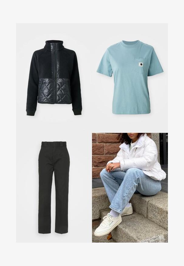 Schwarze Fleecejacke mit quiltierten, mit Reißverschluss versehenen Vordertaschen, vollem Reißverschluss und hohem Kragen.; Helles blaues, kurzärmliges Baumwoll-T-Shirt mit Brusttasche, das mit einem kleinen schwarz-weißen Carhartt-Logo-Patch versehen ist.; Schwarze Hosen mit geradem Bein, aus glattem Stoff gefertigt. Der Bund hat Gürtelschlaufen und keine sichtbaren Verschlüsse.; Weißer Pufferjacke mit hohem Kragen, hellblauen Jeans und weißen Reebok-Sneakern. Strukturierten Steinstufen im Hintergrund.
