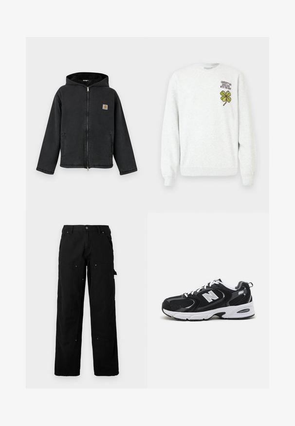 Veste noire zippée avec capuche, présentant une doublure en fourrure, des poches latérales et un patch logo carré sur la poitrine. Tissu robuste.; Sweat-shirt gris en tissu texturé, doté d'un col rond, de manches longues, avec un motif graphique de trèfle à quatre feuilles vert et un texte sur la poitrine.; Pantalons cargo noirs en tissu durable, dotés de plusieurs poches, d'une coupe détendue, de coutures visibles et de détails de boutons-pression.; Baskets de sport noires et grises avec un tige en mesh et en suède, présentant une semelle intermédiaire blanche, des lacets et un logo "N" audacieux sur le côté.