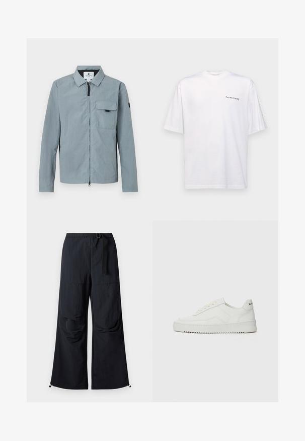Lichtblauwe, lange mouwen jas met een kraag, voorrits en een borstzak. Heeft een zwarte accenten op de linkerarm. Soepele textuur.; Witte katoenen T-shirt met korte mouwen en een V-hals, voorzien van een zwart "FILLING PIECES" logo dat aan de linkerkant is gedrukt.; Zwarte wijde broek van lichtgewicht stof. Voorzien van een riem, twee grote zijzakken en verstelbare zoom met trekkoordsluitingen.; Witte leren sneaker met een gladde afwerking, ronde neus, platte veters en een gestructureerde zool. Kenmerkt zich door een subtiel logo op de hiel.