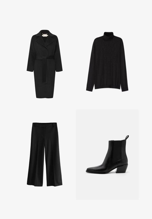 Sort uldfrakke med bæltestykke i taljen, bred krave og lange ærmer. Har et enkelt design med en mellem-lang pasform. Struktureret stof.; Sort turtleneck sweater lavet af let strikstof. Har lange ærmer, en høj hals og en afslappet pasform med ribbede kanter.; Sorte brede bukser med en glat stofkvalitet, der har høj talje, folder og et skrædder-agtigt design. Ingen synligt hardware eller mønstre.; Sorte læder ankelstøvler med spidse tæer, elastiske sidepaneler og en lav blokhæl. Har en pull-tab ved hælen for nem påtagning.