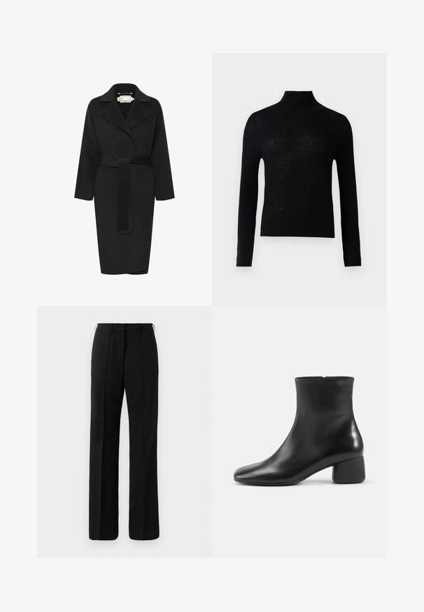 Sort uldfrakke med bæltestykke i taljen, bred krave og lange ærmer. Har et enkelt design med en mellem-lang pasform. Struktureret stof.; Sort ribbet rullekravesweater med lange ærmer og tætsiddende design. Lavet af strikket stof, teksturen virker let gennemsigtig.; Sorte skræddersyede lige ben bukser med bæltestropper og pressefold langs forsiden, vist mod en neutral baggrund.; Sort læderankelstøvle med afrundet firkantet tå, sidelås og chunky lav hæl på ensfarvet lys baggrund.