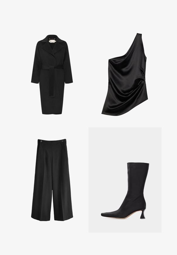 Sort uldfrakke med bæltestykke i taljen, bred krave og lange ærmer. Har et enkelt design med en mellem-lang pasform. Struktureret stof.; Sort satin-top med en asymmetrisk halsudskæring, draperet stofdetalje og blød tekstur. Har én skulder og en flydende silhuet.; Svarte breddebenede bukser med høj talje, lavet af glat stof. Har to forlommer og to knapper ved linningen.; Sort læderstøvle, der går til midt på læggen, med spids tå og buet lav hæl, mod en ensartet lys baggrund.