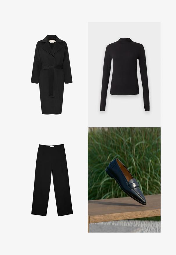 Zwarte wollen jas met een tailleband, brede kraag en lange mouwen. Kenmerkt zich door een strak ontwerp met een middellange pasvorm. Gestructureerde stof.; Zwart aansluitend shirt met lange mouwen en nepkraag, weergegeven op een effen lichtgrijze achtergrond.; Wijdere broek in zwarte stof, met een gladde textuur, strak ontwerp en een discrete zijrits als sluiting.; Zwarte leren herenslof met banddetail, balancerend op de rand van een houten bankje tegen een wazige groene grasachtergrond.