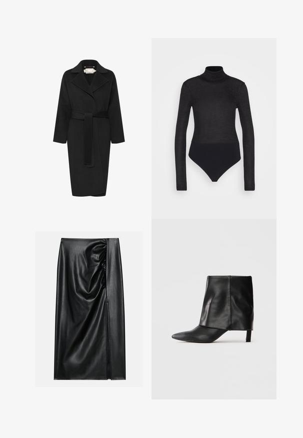 Sort uldfrakke med bæltestykke i taljen, bred krave og lange ærmer. Har et enkelt design med en mellem-lang pasform. Struktureret stof.; Anna Field Langærmet T-shirt - black; Sort læderskirt med en glat overflade, der har en indsamlet sektion på den ene side og en skråning på siden for ekstra detaljer.; Sort læderstøvle til midten af læggen med spids tå, foldet øvre skaft og slank lav hæl, der står på hvid baggrund.