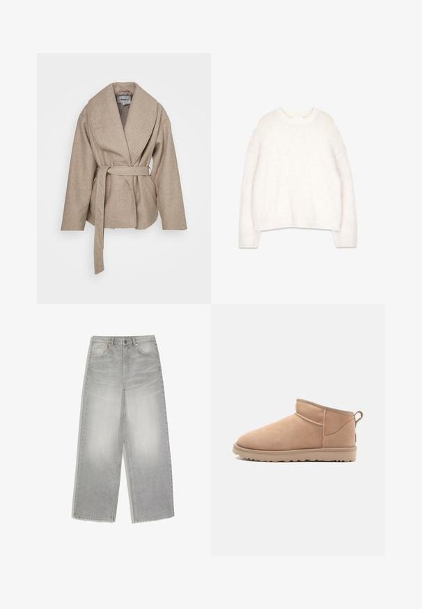 Manteau enveloppant beige en tissu doux et texturé. Il présente un large col, des manches longues et une ceinture assortie nouée à la taille.; Pull blanc en laine moelleuse avec un col rond, des manches longues et une coupe décontractée. Fabriqué à partir d'un tissu doux et texturé, il présente des poignets et un ourlet côtelés.; Jean denim gris clair à jambes larges avec poches avant et fermeture par boutons, posé à plat sur un fond blanc.; Botte de cheville en daim beige avec un bout arrondi, une texture douce, un design simple et une semelle en caoutchouc à profil bas. Dispose d'une languette à l'arrière.
