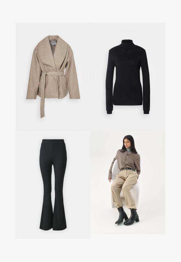 Beige svøbt frakke lavet af blødt, struktureret stof. Har en bred krave, lange ærmer og et matchende bælte knyttet i taljen.; Sort turtleneck sweater lavet af et blødt strikstof, med lange ærmer og en tætsiddende silhuet, der har ribbet krave og kant.; Sorte buks med flared design lavet af strækbart stof. Har en høj talje og et glat, tætsiddende design, der flared ud fra knæet og ned.; Kvinde med langt sort hår, der læner sig op ad en hvid buet stol iført en taupe bluse, beige bukser, sort bælte og sorte ankelstøvler med hæl.