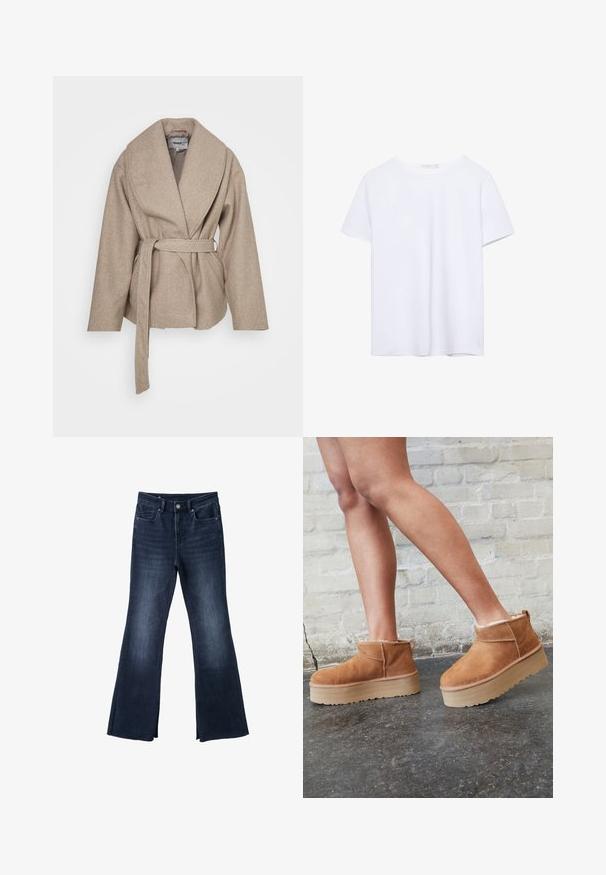 Beige svøbt frakke lavet af blødt, struktureret stof. Har en bred krave, lange ærmer og et matchende bælte knyttet i taljen.; Simpel hvid kortærmet t-shirt med rund hals og lige kant, præsenteret på en hvid baggrund.; Mørkeblå vide jeans med forlommer, knap- og lynlåslukning samt subtil falmen på lårene og knæene.; Brune ruskinds ankelsko med en blød foring, tyk beige plattformsål og en bageste løkke. Tekstureret overflade med synlige sømdetaljer.