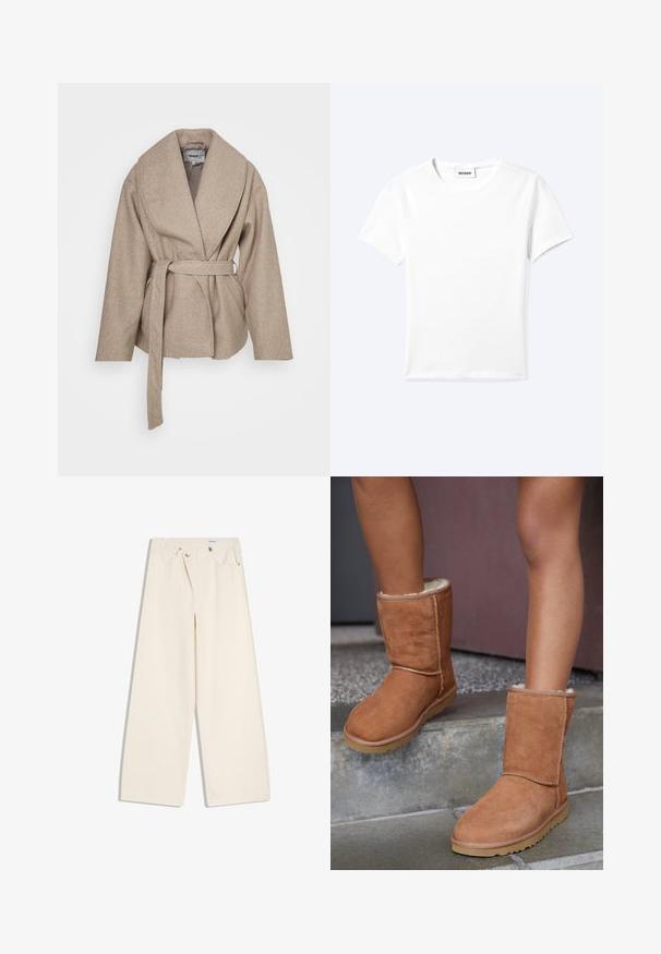 Manteau enveloppant beige en tissu doux et texturé. Il présente un large col, des manches longues et une ceinture assortie nouée à la taille.; T-shirt blanc uni à manches courtes et col rond avec une petite étiquette "WEEKDAY" à l'intérieur de l'encolure, présenté à plat sur un fond clair.; Pantalon large couleur écru avec poches avant, passants pour ceinture, et boutons argentés sur la ceinture et les bords des poches.; Bottines en suede marron, à bout rond, avec une doublure douce et une semelle en caoutchouc, présentant des détails de couture visibles le long des coutures.