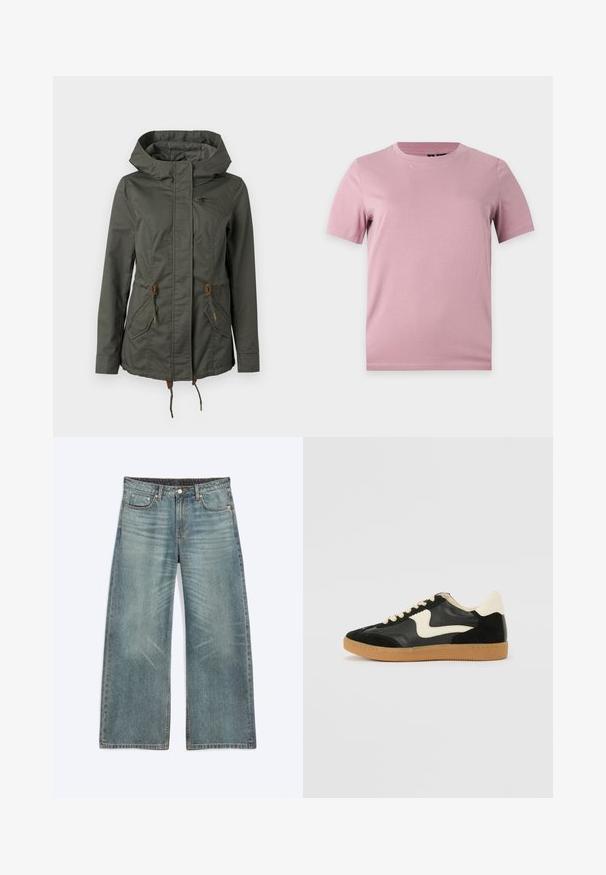 Veste à capuche vert foncé avec fermeture éclair frontale, poches à rabat, cordons de serrage à la taille et à l'ourlet, ainsi qu'une petite poche poitrine zippée.; T-shirt uni en coton rose pâle à manches courtes avec col rond, présenté sur un fond plat gris clair.; Jean bleu à jambes larges avec poches avant, passants de ceinture, fermeture par boutons et détails subtils d’usure sur les cuisses et les genoux.; Baskets en daim et cuir noir avec un swoosh latéral crème et un talon crème clair. Dotées de lacets beige et d'une semelle en caoutchouc gomme.