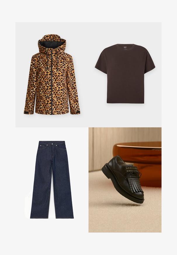 Hættetrøje med leopardprint, forrest lynlås, justerbare snore, lange ærmer og sort indvendig foring.; Mørkebrun kortærmet t-shirt med rund hals og lige snit samt GAP-mærke indeni kraven på en lysegrå baggrund.; Mørkeblå vidde-ben cowboybukser med knaplukning foran, lynlås og lommer foran og bagpå, vist fladt på en hvid baggrund.; Sort læder snøresko med dekorativ frynse og metalnitter placeret på beige tæppe nær brunt møbel.