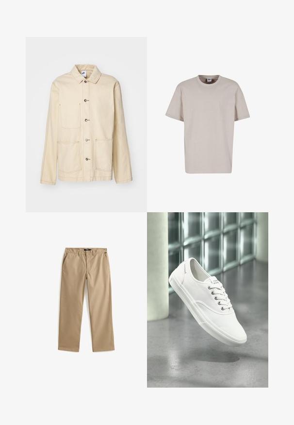 Vaaleanbeige takki, jossa on napitettava etuosa, kaksi rintataskua ja sivutaskut, sekä erottuva ompelu ja kaulus.; Urban Classics CUFF TEE - T-paita - cloud; Beigenväriset suorat housut, joissa on nappi- ja vetoketjukiinnitys, vyölenkit ja sivutaskut, asetettuna suoraksi valkoisella taustalla.; Valkoinen matalavartinen kangastossu nauhoilla, merkitty Tommy Hilfiger, esitetään leijumassa sileän harmaan lattian yläpuolella lähellä lasitiiliseinää.
