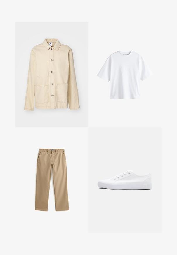 Vaaleanbeige takki, jossa on napitettava etuosa, kaksi rintataskua ja sivutaskut, sekä erottuva ompelu ja kaulus.; Next BOXY FIT - HEAVYWEIGHT T-SHIRT . - T-paita - white; Beigenväriset, suoralahkeiset chinot kevyestä puuvillakankaasta. Niissä on kaksi etutaskua ja napillinen suljenta. Sileä pinta, minimikoristelu.; Matalavartinen valkoinen kangastossu, jossa valkoiset nauhat, kumipohja ja metalliset reiät, kuvattu ulkosivulta yksivärisellä taustalla.