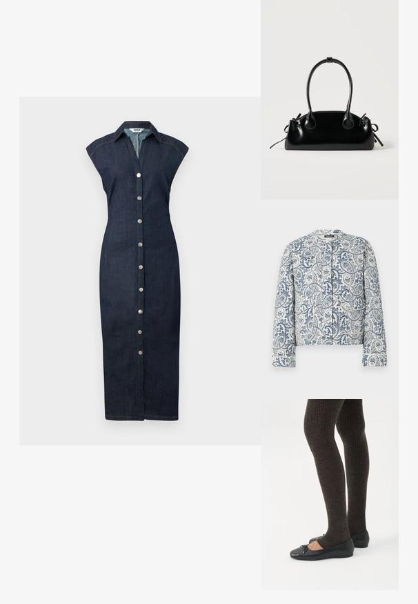 Veste à motifs paisley bleus et blancs, avec un col rond, des manches longues et deux poches avant avec des fermetures à rabat.; Robe en denim avec un devant boutonné, un col, des manches courtes et une silhouette ajustée, dans un délavage sombre avec de subtils détails de couture.; Jambes portant des leggings côtelés foncés associés à des ballerines noires avec de petits détails en nœud sur fond blanc.; Petit sac à main noir brillant avec deux longues anses et des détails à cordon sur les côtés sur un fond clair uni.