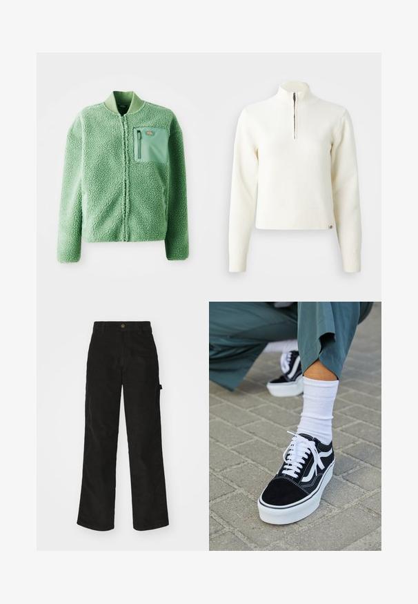 Grüne Fleecejacke mit strukturierter Oberfläche, ausgestattet mit einer Brusttasche mit Reißverschluss und einem gerippten Kragen. Vorderer Reißverschluss, lange Ärmel.; Weißer Sweater mit Reißverschluss am Hals und langen Ärmeln. Aus weichem Strickmaterial gefertigt, mit gerippten Bündchen und Saum. Dezentes Markenlogo am Saum.; Schwarze Cordhosen mit geradem Schnitt, ausgestattet mit einem Knopfverschluss und einer Seitenlasche. Glatte Textur mit feinen verticalen Streifen.; Schwarze Wildledersneaker mit weißen Akzenten und Schnürsenkeln, ausgestattet mit einer dicken weißen Sohle und kontrastierenden Nähten, kombiniert mit einer weißen Socke.