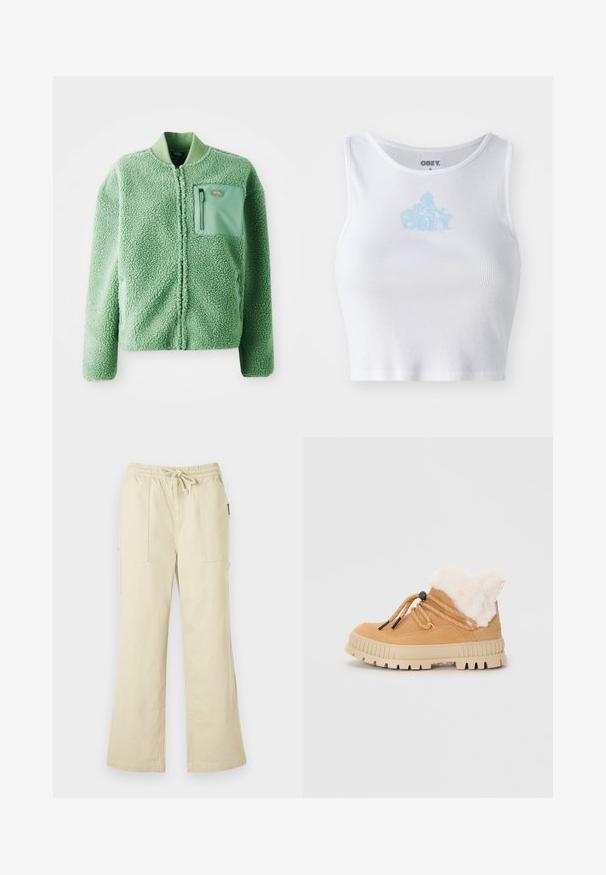 Vihreä fleece-takki, jossa on teksturoitu pinta, ja siinä on vetoketjullinen rintatasku sekä ribbikuvioitu kaulus. Edessä vetoketjusuljenta, pitkät hihat.; Valkoinen ribattua crop-topia, jossa on pyöreä kaula-aukko ja vaaleansininen "OBEY"-logo keskellä rintaa. Silkkinen rakenne ja istuva muotoilu.; Beiget leveälahkeiset housut, joissa on joustava vyötärönauha ja kiristysnaru, kaksi etutaskua ja suorat lahkeet.; Ruskean mokkanahkaiset nilkkasukat, joissa on keinoturkiskaulus, säädettävät nauhat ja paksu beige kumipohja, jossa on teksturoitu kuvio.