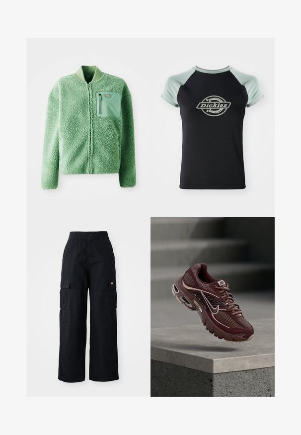 Vihreä fleece-takki, jossa on teksturoitu pinta, ja siinä on vetoketjullinen rintatasku sekä ribbikuvioitu kaulus. Edessä vetoketjusuljenta, pitkät hihat.; Musta t-paita vaaleanvihreillä raglan-hihoilla. Keskellä on pyöreä logo, jossa lukee "Dickies" köysimuotoilulla. Pehmeä kangas.; Mustat cargo-housut, joissa on joustava vyötärö ja nappi. Ominaisuuksiin kuuluu kaksi suurta sivutaskua ja logopatchi vasemmassa lahkeessa. Laaja lahjemuoto.; Punaharmaa Nike-juoksukenkä verkkokankaalla, pehmustetulla kauluksella, paksulla pohjalla ja valkoisilla yksityiskohdilla. Mallissa on pyöreä kärki ja näyttävät nauhat.