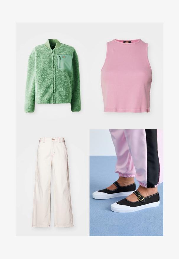 Grüne Fleecejacke mit strukturierter Oberfläche, ausgestattet mit einer Brusttasche mit Reißverschluss und einem gerippten Kragen. Vorderer Reißverschluss, lange Ärmel.; Rosa gerippter Cropped-Top mit rundem Halsausschnitt und ärmellosem Design. Besitzt einen Saum, der knapp über der Taille endet.; Weite weiße Denim-Hosen mit roter Naht, hohen Taillenbund, vorderem Knopfverschluss und seitlichen Taschen. Strukturiertes Baumwollgewebe.; Schwarze Leinenschuhe mit einer weißen Sohle, die ein Ausschnittdesign und einen goldenen Schnallenriegel aufweisen. Getragen mit rosa Sporthosen.