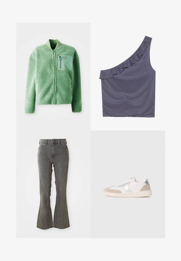 Vihreä fleece-takki, jossa on teksturoitu pinta, ja siinä on vetoketjullinen rintatasku sekä ribbikuvioitu kaulus. Edessä vetoketjusuljenta, pitkät hihat.; Asymmetrisk en-skulder topp i mørkegrått stoff, med en volangkant i halsen og en glatt tekstur. Enkelt, tettsittende design uten ytterligere mønstre.; Väntyneet harmaat farkut, joissa on korkea vyötärö, vyölenkit, viisi taskua ja pehmeä, tekstuuri pinta.; Valkoinen nahka- ja mokkasiinikenkiä, jossa on beige yksityiskohtia ja hopeisia yksityiskohtia. Pyöreä kärki, nauhakiinnitys ja tasainen kumipohja.