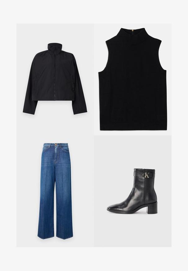 Sort cropped jakke med høj krave, fuld frontlynlås og lange ærmer med sidelommer. Fremstillet af letvægts, glat stof.; Sort ærmeløs turtleneck-top lavet af blødt materiale, med høj krave og en lynlås i ryggen. Enkel design uden mønstre eller detaljer.; Bredde ben denimjeans i mørkeblå, med høj talje, knaplukning og klassisk syning. Glat tekstur med en let falming.; Sort læder ankelstøvle med spids tå, blokhæl og en rem med en metallisk logo detalje. Glat tekstur og minimalistisk design.