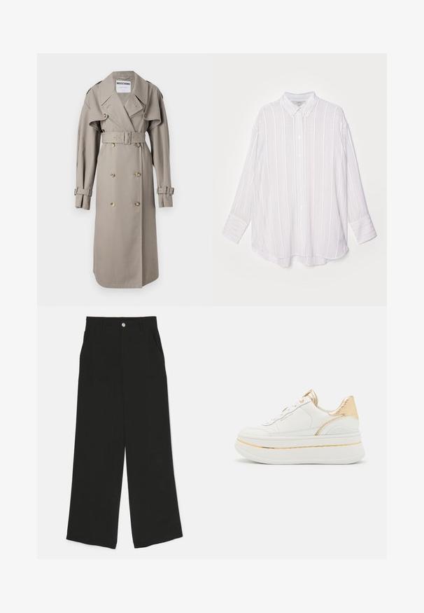 Gabardina beige hecha de tela ligera, con frente de doble botonadura, amplio collar, cintura ceñida con cinturón y puños con solapas. Botones en tono dorado.; Camisa de manga larga blanca con rayas verticales en un gris claro, cuello abotonado y puños enrollables. Tejido suave con un corte ligeramente oversize.; Pantalones de pierna ancha negros, hechos de una tela de textura suave, con bolsillos frontales y un cierre con un botón en la cintura.; Zapatilla deportiva de plataforma de cuero en blanco con acentos dorados, que presenta un tacón dorado texturizado, cordones redondos y una suela lisa con una delgada franja dorada.