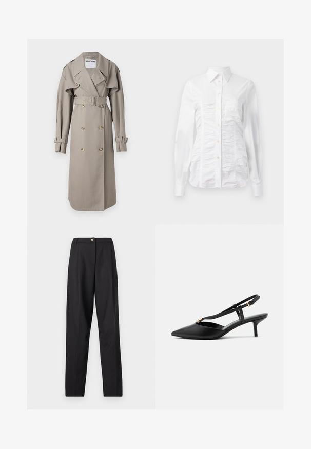 Kreemikaelne trench coat, mis on valmistatud kerge kangaga, topelt nööpide ees, laia kraega, vööga ja lipsukujuliste varrukateotste ning kuldse tooni nööpidega.; Valge nööpidega särk pikade varrukatega, millel on kortsus tekstuur ees, väiksed kuldsed nööbid ja standardne krae.; Mustad kõrge vöökohaga kohandatud püksid sirgete säärtega ja ühe kuldse nupuga vöörihmadel.; Mustast nahast slingback-stiilis väikese kontsaga kingad, terava varbaosaga, kitsas T-rihm, reguleeritava pandlaga ja väikese kuldse kaunistusega rihmal.