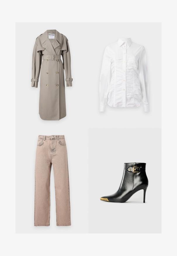 Beige Trenchcoat aus leichtem Stoff, mit doppelreihiger Knopfleiste, weitem Kragen, tailliertem Schnitt und geknöpften Manschetten. Knöpfe in Goldoptik.; Weißes Hemd mit langen Ärmeln, das über eine geraffte Textur auf der Vorderseite, kleine goldene Knöpfe und einen klassischen Kragen verfügt.; Beige High-Waist Jeans mit geradem Bein, vorn mit Knöpfen, Gürtelschlaufen und klassischem Fünf-Taschen-Design auf unifarbenem Hintergrund.; Schwarzer Knöchelstiefel aus glänzendem Leder mit spitz zulaufender Zehenpartie, Stöckelabsatz und goldfarbener Hardware mit dekorativem Schnallendetail.
