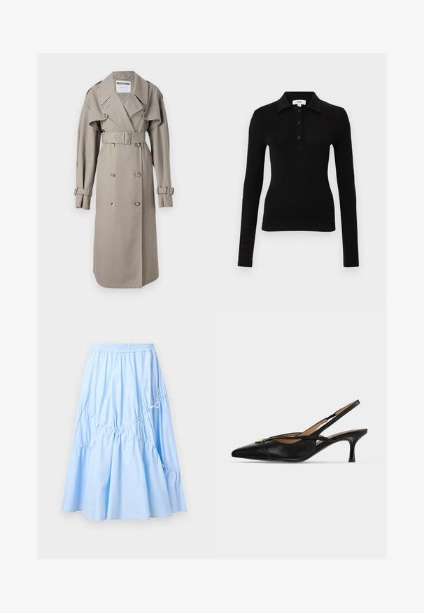 Kreemikaelne trench coat, mis on valmistatud kerge kangaga, topelt nööpide ees, laia kraega, vööga ja lipsukujuliste varrukateotste ning kuldse tooni nööpidega.; Mustast pehmest kangast pika varrukaga polo-särk, mis on varustatud kraega kaeluse, nööpidega ees ja keha järgiva lõikega sujuva välimuse loomiseks.; Hele sinine midi-seelik kummiga vöökoha, kogutud detailide ja reguleeritavate paeltega, mis loovad laieneva silueti.; Mustast nahast terava ninaga slingback-tallaga kingad madala kassikandade ja kuldse pandla detailiga ees.