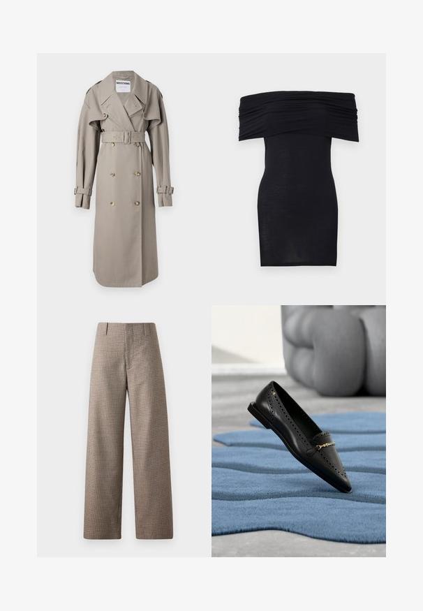 Gabardina beige hecha de tela ligera, con frente de doble botonadura, amplio collar, cintura ceñida con cinturón y puños con solapas. Botones en tono dorado.; Vestido negro con los hombros descubiertos, con detalle fruncido en el busto, ajuste ceñido y textura de tela suave y ligera.; Pantalones de talle alto y pierna ancha con patrón pequeño de cuadros en beige, marrón y negro, con trabillas para cinturón y detalles de costura frontal.; Mocasín de cuero negro con detalles perforados y hebilla dorada, reposando sobre una alfombra azul texturizada con formas abstractas.
