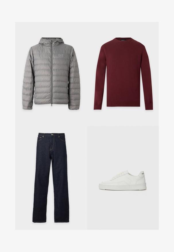 Doudoune grise à capuche avec matelassage horizontal et fermeture éclair à l’avant, avec le logo EA7 Emporio Armani sur la poitrine gauche.; Pull bordeaux à manches longues et col rond, avec poignets et ourlet côtelés, présenté sur un fond uni gris clair.; Jean droit en denim bleu foncé avec fermeture avant par bouton et fermeture éclair, passants de ceinture et coutures visibles sur les poches et les coutures.; Baskets en cuir blanc avec une finition lisse, bout arrondi, lacets plats et semelle texturée. Présente un logo discret sur le talon.