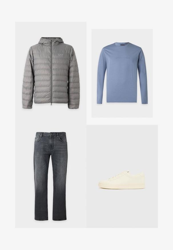 Doudoune grise à capuche avec matelassage horizontal et fermeture éclair à l’avant, avec le logo EA7 Emporio Armani sur la poitrine gauche.; Chemise bleu clair à manches longues avec col rond et logo Emporio Armani en relief centré sur la poitrine, fond blanc.; Jean noir droit avec fermeture avant par bouton et zip, design cinq poches et détails subtils d'usure.; Baskets couleur crème avec une tige en cuir lisse, bout arrondi, laçage à l'avant et semelle en caoutchouc texturée. Design minimaliste, sans logo.