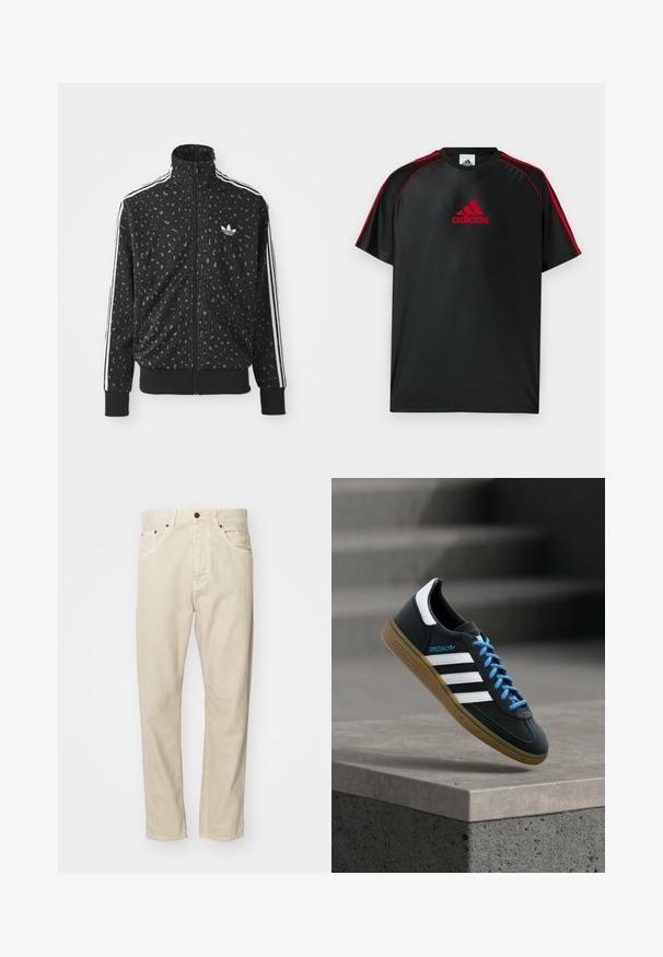 Sort zip-up jakke med leopardmønstret tekstur, hvide striber langs skuldrene og et lille hvidt logo på brystet.; Sort atletisk t-shirt med røde detaljer og logo. Fremstillet af glat, let stof. Har rund hals og korte ærmer.; Beige, bomuldsbukser med lige pasform, fem lommer og metalhardware detaljer. Glat tekstur med minimale syninger.; Sort Adidas sneaker med hvide striber, blå snørebånd og gummisål, der svæver over gråt betontrin i blødt lys.