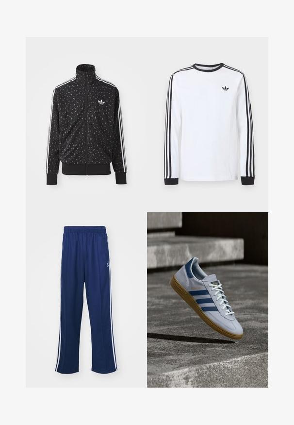 Chaqueta negra con cremallera que presenta una textura de print de leopardo, rayas blancas a lo largo de los hombros y un pequeño logo blanco en el pecho.; Camiseta blanca de manga larga de Adidas con cuello redondo negro, puños negros, tres rayas negras a lo largo de las mangas y logo negro de trébol en el pecho.; Pantalones deportivos en azul marino con un corte relajado, que presentan franjas laterales blancas y una cintura elástica. Tejido suave, sin patrones visibles ni herrajes.; Zapatilla Adidas Spezial azul claro con rayas azul marino y suela de goma, mostrada en el aire sobre escalones de hormigón en un entorno exterior neutral.