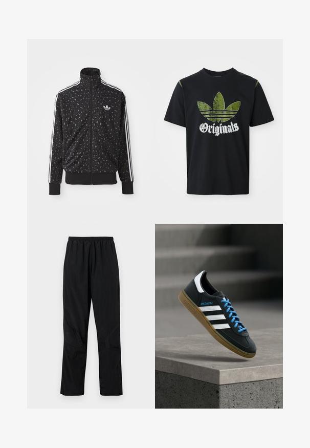 Chaqueta negra con cremallera que presenta una textura de print de leopardo, rayas blancas a lo largo de los hombros y un pequeño logo blanco en el pecho.; Camiseta de algodón negra con un gráfico verde desgastado que presenta tres rayas y la palabra "Originales" debajo en blanco, cuello redondo, mangas cortas.; Pantalones de nylon negros con una cinturilla elástica, que presentan un acabado ligero y texturizado y acentos en las costuras para un diseño moderno.; Zapatilla negra Adidas con franjas blancas, cordones azules y suela de goma flotando sobre un escalón de hormigón gris con luz suave.