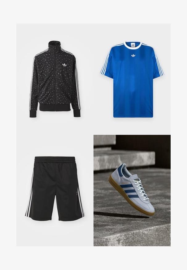 Chaqueta negra con cremallera que presenta una textura de print de leopardo, rayas blancas a lo largo de los hombros y un pequeño logo blanco en el pecho.; Camiseta deportiva azul real hecha de tela suave, con franjas blancas en las mangas y un pequeño logo blanco en el pecho.; Pantalones cortos deportivos negros con una cintura elástica, que presentan franjas laterales blancas y una textura de tela suave. Sin adornos adicionales.; Zapatilla Adidas Spezial azul claro con rayas azul marino y suela de goma, mostrada en el aire sobre escalones de hormigón en un entorno exterior neutral.