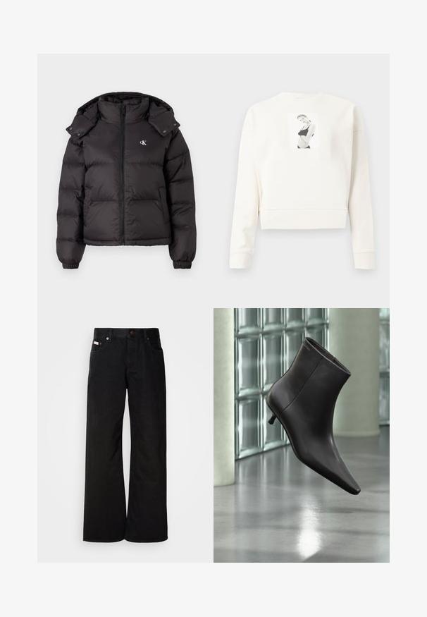 Schwarze Pufferjacke mit hohem Kragen, Reißverschluss und gesticktem Logo auf der Brust. Verfügt über elastische Bündchen und eine abnehmbare Kapuze.; Weißer, langärmeliger, cropped Sweatshirt mit einem schwarz-weißen Druckfoto einer Frau in schwarzer Unterwäsche auf der Vorderseite in der Mitte.; Schwarze weite Jeans aus Baumwolle. Verfügt über frontale Taschen, einen Knopfverschluss und eine klassische Denim-Textur. Minimalistisches Design ohne Muster.; Schwarzer Leder-Knöchelstiefel mit spitzer Spitze und kleinem Absatz vor einer Wand aus Glasbausteinen und einem polierten Boden.