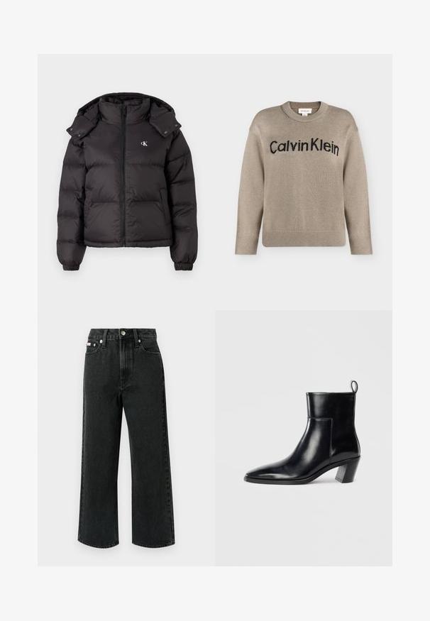 Zwarte pufferjack met hoge kraag, ritssluiting en een geborduurd logo op de borst. Heeft elastische manchetten en een afneembare capuchon.; Beige gebreide trui met lange mouwen en geribbelde boorden en zoom, met het zwarte "Calvin Klein"-logo over de borst.; Zwarte wijde jeans van denim, met een hoge taille, twee voorzakken, één achterzak en een knoopsluiting met een zilveren accent.; Zwarte leren enkelboot met een spitse neus, een geometrische gestapelde hak en een trekband aan de achterkant. Gladde textuur en slank ontwerp.