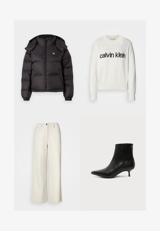 Schwarze Pufferjacke mit hohem Kragen, Reißverschluss und gesticktem Logo auf der Brust. Verfügt über elastische Bündchen und eine abnehmbare Kapuze.; Weißer Strickpullover mit rundem Ausschnitt und langen Ärmeln, ausgestattet mit einem schwarzen "calvin klein" Logo auf der Brust. Weiche Textur, cropped Schnitt.; Cremefarbene weit geschnittene Hose aus glattem Stoff. Sie hat eine mittlere Leibhöhe, einen Reißverschluss und zwei vordere Taschen mit schwarzen Hardware-Elementen.; Schwarzer Leder-Knöchel-Stiefel mit spitzer Spitze und niedrigem Kittenabsatz vor hellem Hintergrund, seitliche Ansicht.
