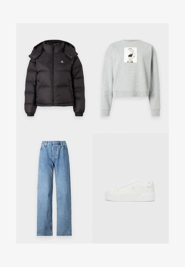 Sort vinterjakke med høj krave, lynlås lukning og broderet logo på brystet. Har elastiske manchetter og en aftagelig hætte.; Grå cropped sweatshirt lavet af blødt stof, med et frontfotografisk tryk centreret på brystet. Ribstrikkede manchetter og halsudskæring.; Lyseblå denimjeans med højt liv, bred benåbning, fem-knaps lukning og bæltestropper. Stoffet har en glat tekstur med minimal falming.; Hvide platform sneakers med en glat læderoverdel, rund tå, hvide snørebånd og diskret logo-detalje på siden. Flad gummisål.