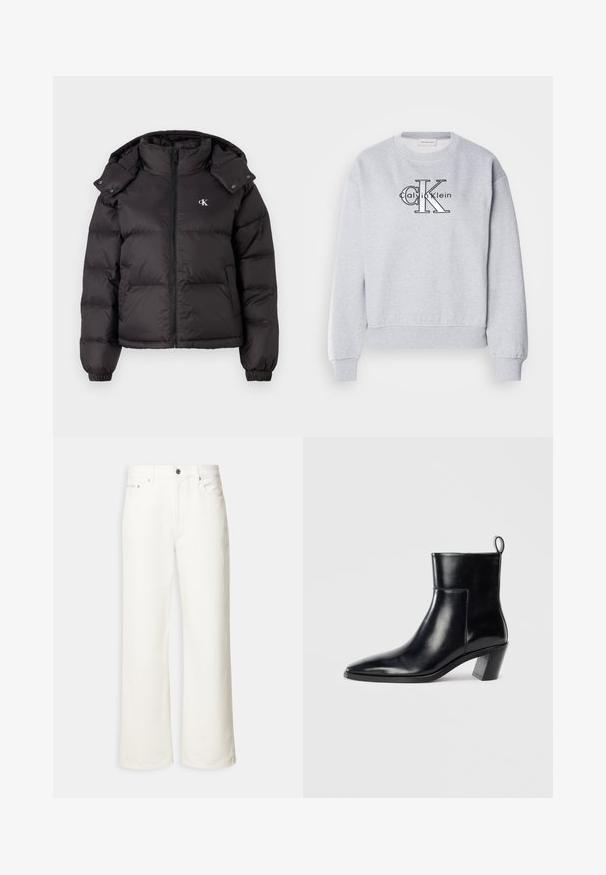 Schwarze Pufferjacke mit hohem Kragen, Reißverschluss und gesticktem Logo auf der Brust. Verfügt über elastische Bündchen und eine abnehmbare Kapuze.; Grauer Sweatshirt mit Rundhalsausschnitt und gerippten Bündchen, mit dem "Calvin Klein"-Logo und der "CK"-Grafik, die prominent auf der Vorderseite angebracht sind.; Weiße Jeans mit weitem Bein, vorn mit Knopfleiste, Gürtelschlaufen und Fünf-Taschen-Design.; Schwarze Leder-Ankleboots mit spitzem Zeh, geometrischem Blockabsatz und einem Zugband hinten. Glatte Textur und elegantes Design.
