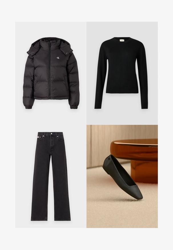 Doudoune noire avec un col haut, fermeture éclair et un logo brodé sur la poitrine. Caractéristiques : poignets élastiques et capuche amovible.; Pull en tricot noir avec un col rond, des manches longues et une coupe slim, doté d'une texture lisse et de détails minimalistes.; Jeans noirs à jambes larges en denim, avec une taille haute, une coupe à cinq poches et une fermeture à bouton en métal avec des coutures contrastantes.; Chaussure plate noire à bout pointu reposant sur un tapis beige près d'une table ronde de couleur ambre dans un décor minimaliste.