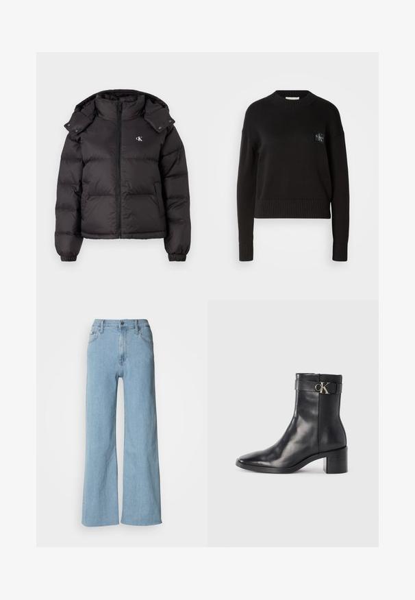 Schwarze Pufferjacke mit hohem Kragen, Reißverschluss und gesticktem Logo auf der Brust. Verfügt über elastische Bündchen und eine abnehmbare Kapuze.; Schwarzer Strickpullover mit Rundhalsausschnitt, gerippten Bündchen und Saum. Verfügt über ein kleines quadratisches Logo-Patch auf der linken Brust. Lässige Passform.; Hellblaue weite Jeans aus Denim, mit einer enganliegenden Taille, Fünf-Taschen-Design und dezenten Nähdetails.; Schwarze Leder-Ankle Boots mit spitzem Zehenbereich, Blockabsatz und einem Riemen mit einem metallischen Logodetail. Glatte Textur und minimales Design.