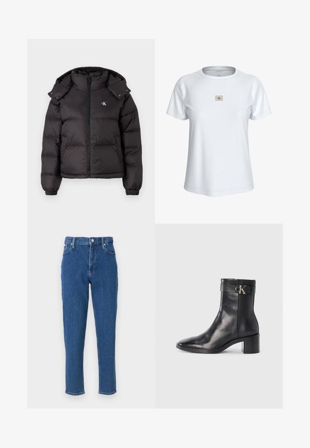 Zwarte pufferjack met hoge kraag, ritssluiting en een geborduurd logo op de borst. Heeft elastische manchetten en een afneembare capuchon.; Witte T-shirt met korte mouwen en ronde hals met een klein rechthoekig Calvin Klein Jeans-logo patch midden op de borst.; Blauwe denim jeans met een hoge taille, ritssluiting, vijf zakken, rechte pijpen en een subtiele vervaagde textuur, afgewerkt met een nette zoom.; Zwarte leren enkellaars met een spitse neus, blokhak en een bandje met een metallic logo. Gladde textuur en minimalistisch ontwerp.