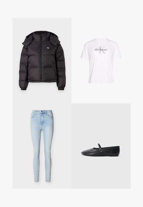 Schwarze Pufferjacke mit hohem Kragen, Reißverschluss und gesticktem Logo auf der Brust. Verfügt über elastische Bündchen und eine abnehmbare Kapuze.; Weißes Baumwoll-T-Shirt mit kurzen Ärmeln, versehen mit einem grauen, aufgedruckten "Calvin Klein"-Logo und einem markanten "K"-Design in der Mitte.; Hellblaue Skinny-Jeans mit hoher Taille, Frontknopf- und Reißverschluss, fünf Taschen und dezentem Verblassen entlang der Beine.; Schwarze Leder-Ballettschuhe mit spitzem Schuhzeug, flacher Sohle und einem kleinen Riemen mit silberner Schnalle.
